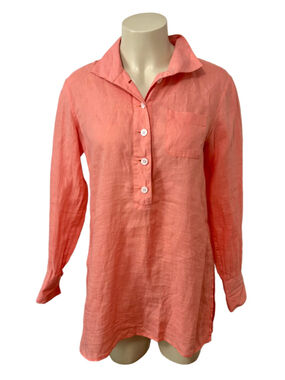 Paperwhite Coral 100% Linen Tunic Shirt Size 2 Long Sleeve Button Front